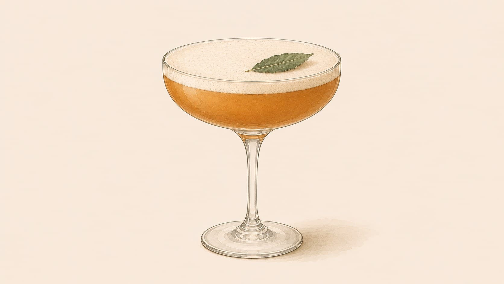 Um cocktail âmbar com uma fina camada de espuma, hortelã e uma flor comestível, numa taça coupe