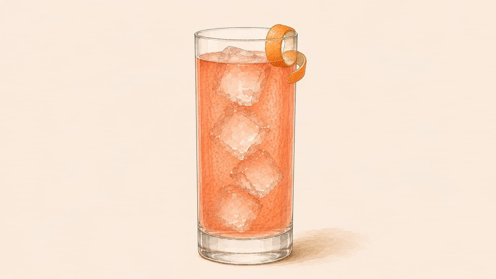 Um cocktail vermelho-coral sobre cubos de gelo com uma casca de tangerina, num copo alto